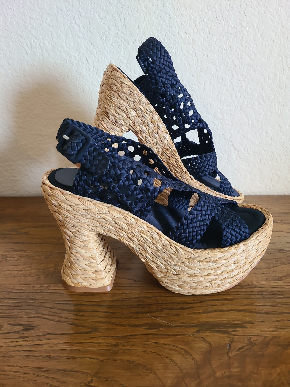 Paloma Barcelo Xia Ankle Strap, Navy Blue, Braide Wedge Sandals